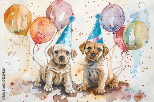 A Two fluffy puppies wearing party hats sitting amidst balloons and party decoration,watercolor illustations photo