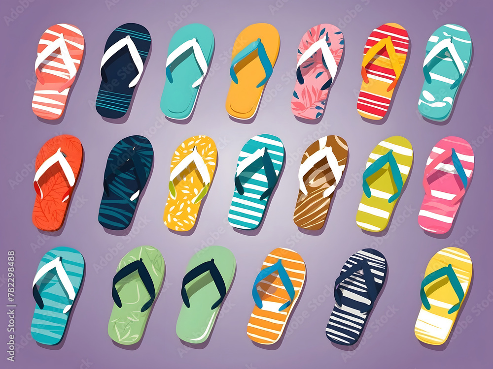 Summer flip-flop vector set. Slipper footwear elements with stripes and leaves in colourful designs. Vector illustration summer collection Summer flip-flop vector set. Slipper footwear elements with stripes and leaves in colourful designs. Vector illustration summer collection