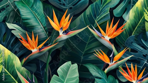 An array of tropical leaves and vibrant Bird of Paradise flowers, showcasing natures diversity in shape and color,watercolor illustation © poom