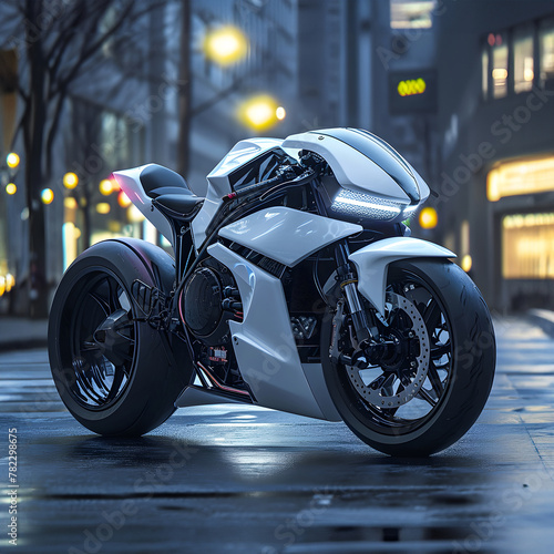 Sleek futuristic motorcycle glistens on an urban backdrop: The epitome of modern design meets performance