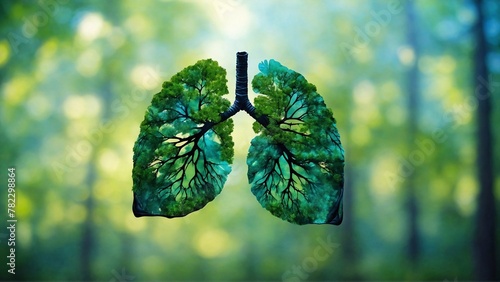 green human lungs amidst blurred green forest, symbol of role of forests in purifying the air, promoting sustainable lifestyle to safeguard Earth photo