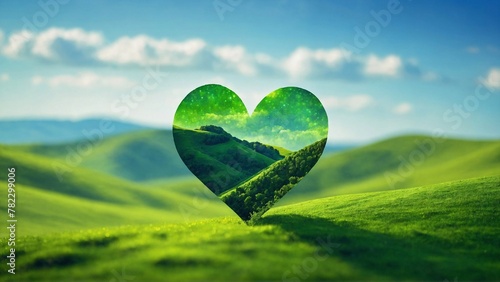 green heart against blurred green hills, represents the deep bond between humans and nature, advocating for sustainable living to nurture and protect our planets health and vitality, Earth Day