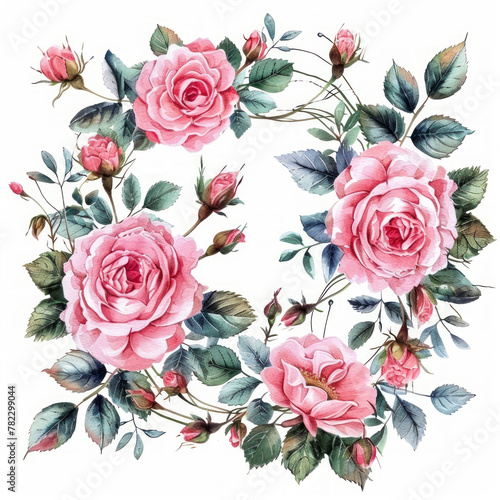 Elegante ghirlanda in stile acquerello con rose vintage dettagliate in piena fioritura, perfetta per inviti e biglietti d'auguri photo