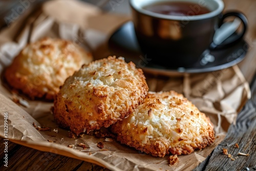 Coconut Cookies, Cocoanut Macaroons with Tea Cup, Biscuits with Coco Chips and Coffee Cup