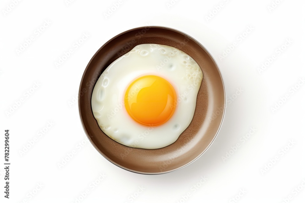 One Chicken Egg in a Small Pan Isolated, Lightly Fried Egg on White Background Top View, Flat Lay One Chicken Egg in a Small Pan Isolated, Lightly Fried Egg on White Background Top View, Flat Lay