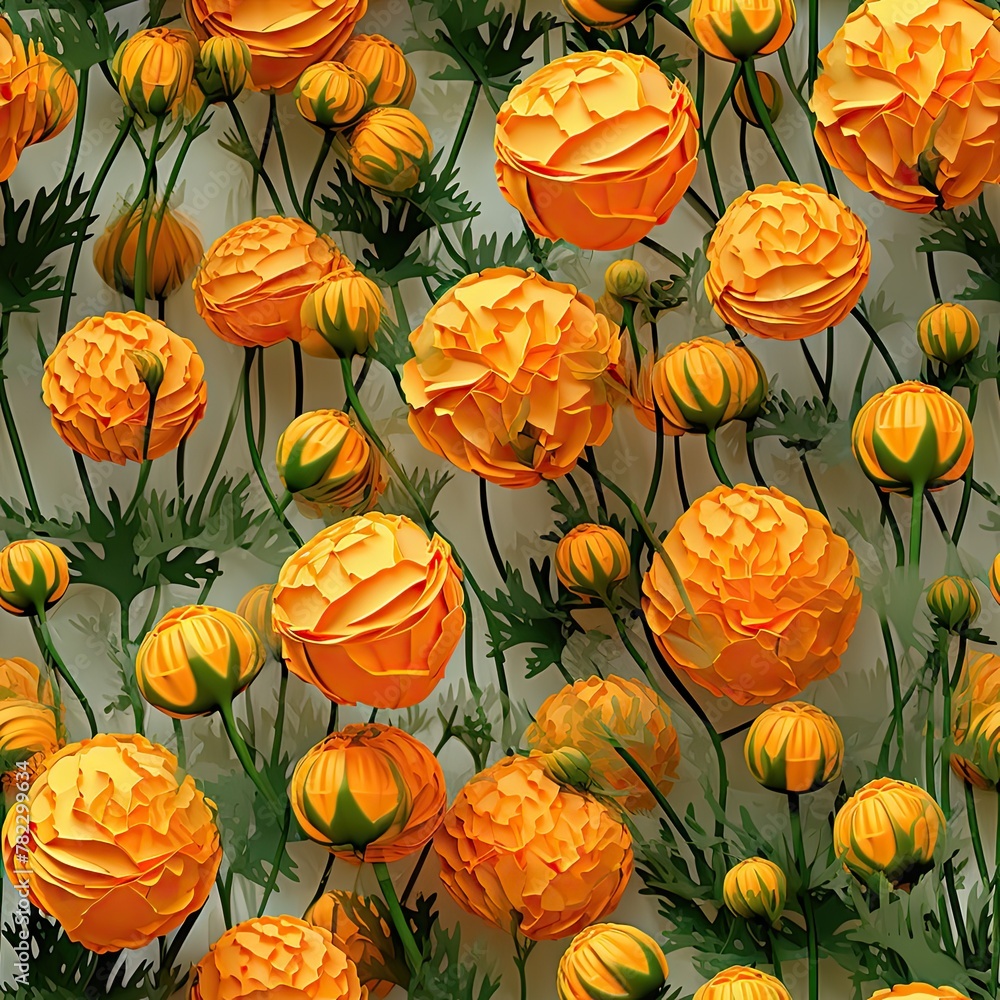 Orange Globe Flowers or Trollius Europaeus on Natural Background, Orange Globe Flowers Field