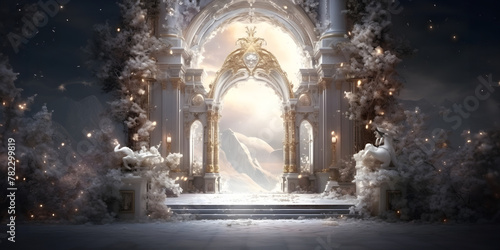 Mystical Baroque Gate in a Snowy Landscape: A Visionary Path to Enlightenment photo