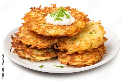 Potato Pancakes, Draniki, Deruny, Potato Latkes, Latkas, Irish Cakes, Raggmunk or Boxties Isolated on White