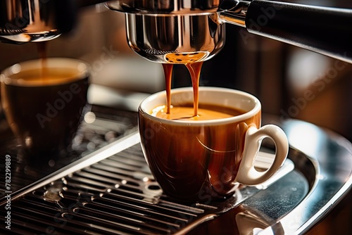 Preparing Espresso on Professional Coffee Machine in Coffeeshop Closeup  Pouring Strong Coffee