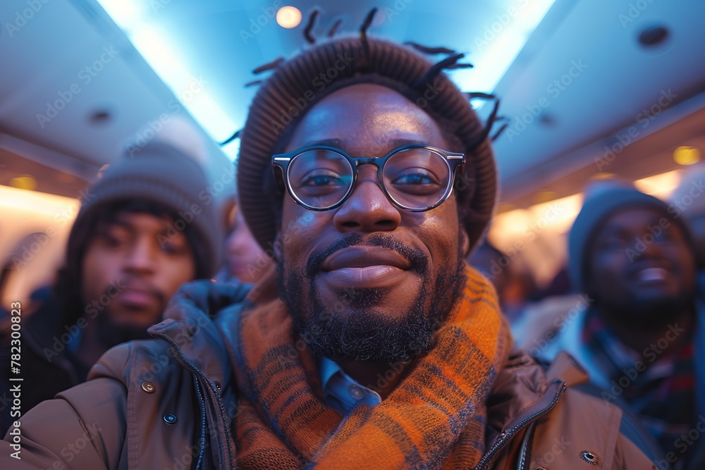 Man with glasses and scarf takes cool selfie while traveling on a plane