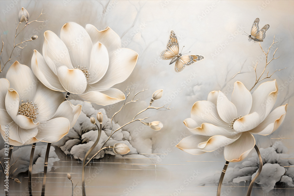 Obraz premium wallpaper painting roses and flowers with branches and butterflies white background color textures vintage sketch