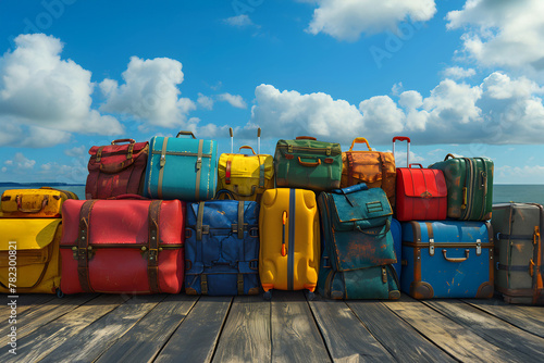Colorful assortment of luggage ready for adventure: Weathered suitcases against a bright sky