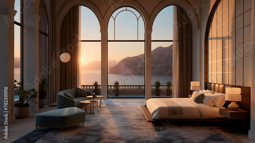 Modern elegance meets serene nature: Luxurious bedroom overlooking a tranquil sunset by the sea