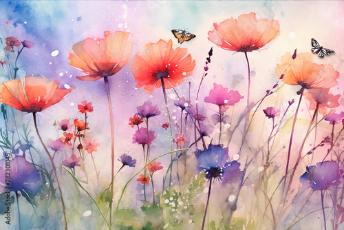 Watercolor of a landscape of blossoms, flower, branches and butterflies with a sky background