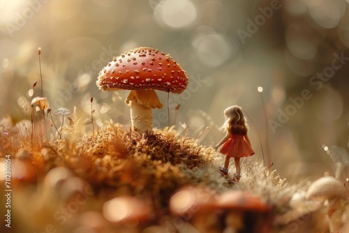A little girl in a lace dress stands facing a large mushroom, surrounded by smaller ones in a magical forest.
