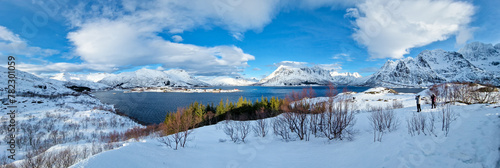 Panoramic view of snow-capped mountains on Austnesfjorden in the Lofoten in northern Norway photo