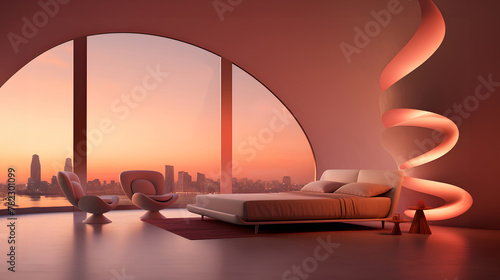 Modern interior design meets sunset cityscape: A blend of elegance and urban tranquility