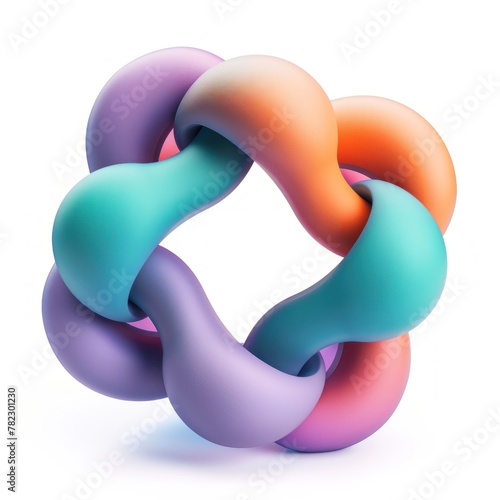 A vibrant three-dimensional graphic of interlinked torus shapes in shades of teal, orange, and purple with a soft shadow.