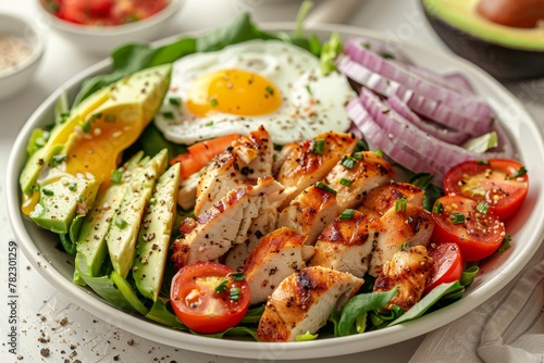 American cobb salad with chicken avocado egg tomatoes onions in white dish light background Represents American cuisine