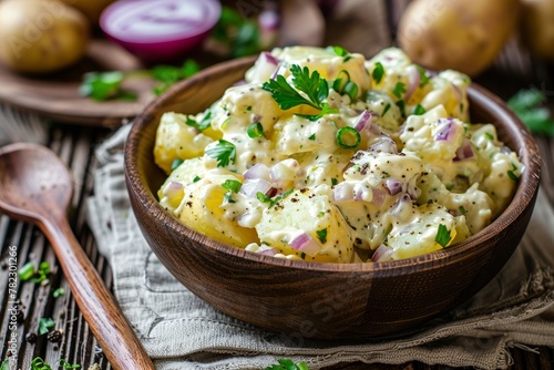 American style potato salad with boiled baby potatoes mayonnaise mustard and red onion