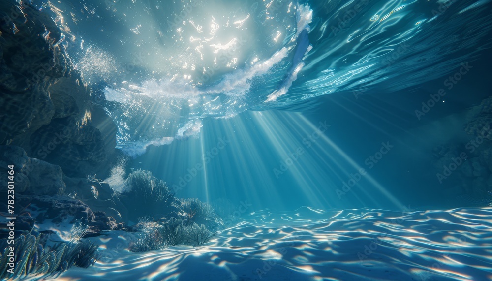 A beautiful underwater scene with sunlight shining on the rocks by AI generated image A beautiful underwater scene with sunlight shining on the rocks by AI generated image