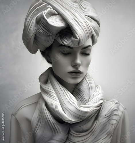Elegant monochrome portrait of a person wrapped in fabric: The essence of form and texture