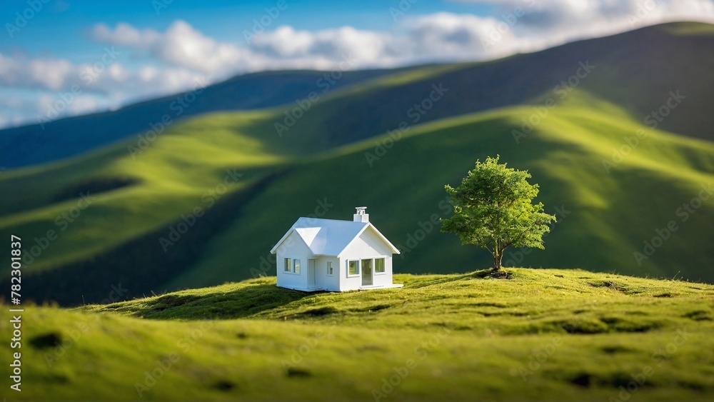 white house and tree amid green rolling hills under blue sky, symbolizing eco-conscious living and harmonious integration with nature, sustainable future concept