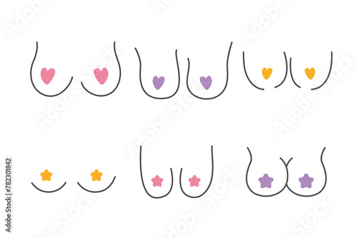 Set of female breasts, breasts of different sizes. Breast cancer. Line style on a transparent background. Doodle vector illustration.