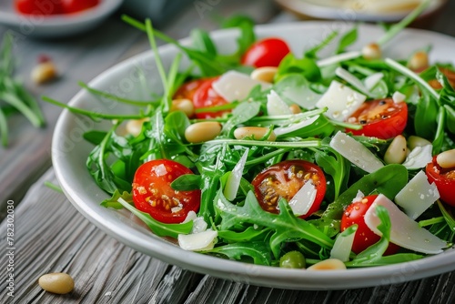Arugula salad with pine nuts tomatoes and cheese