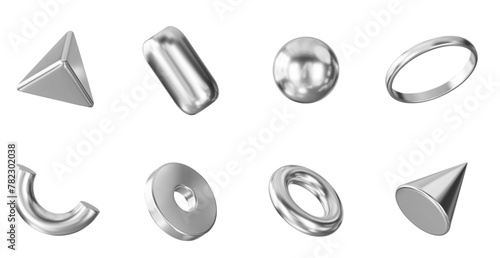 3d set geometry shape: cylinder, sphere, pyramid, torus, cone, ring. Metal simple figures with grid for your design on isolated background. Stock vector illustration