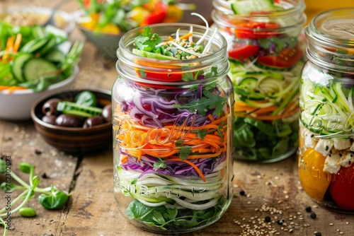 Asian and Greek salads in mason jars