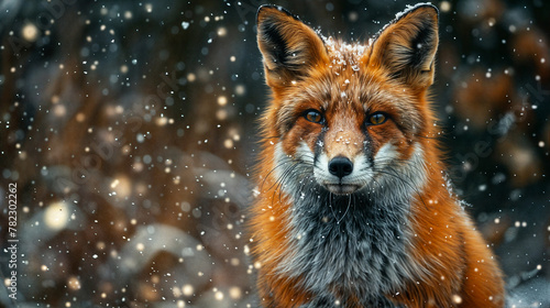 Closeup portrait of a red fox sitting in the snow