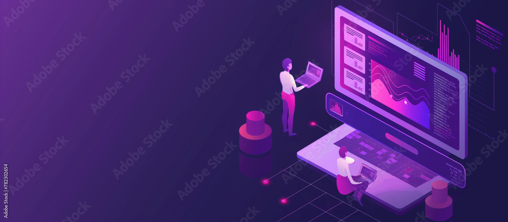 Right aligned Illustration of two people analyzing data on a large screen and laptop in an isometric view, depicting data analysis, technology, and modern work environment Right aligned Illustration of two people analyzing data on a large screen and laptop in an isometric view, depicting data analysis, technology, and modern work environment