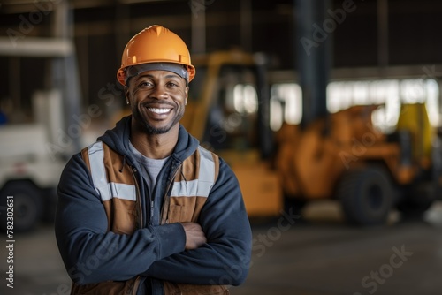 An African American construction worker in a hard hat and reflective vest smiling confidently with heavy machinery in the background.