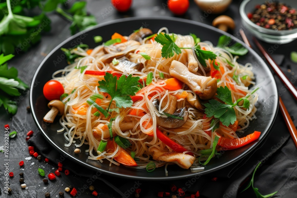 Asian salad with rice noodles veggies mushrooms chicken soy sauce White noodles in black plate Asian salad with rice noodles veggies mushrooms chicken soy sauce White noodles in black plate