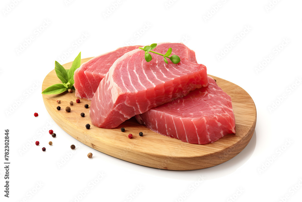 Raw tuna steak isolated, Red sea fish fillet, fresh tuna filet, seafood sashimi, bluefin piece, akami Raw tuna steak isolated, Red sea fish fillet, fresh tuna filet, seafood sashimi, bluefin piece, akami