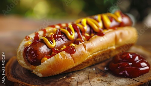 Barbecued hot dog with condiments on table