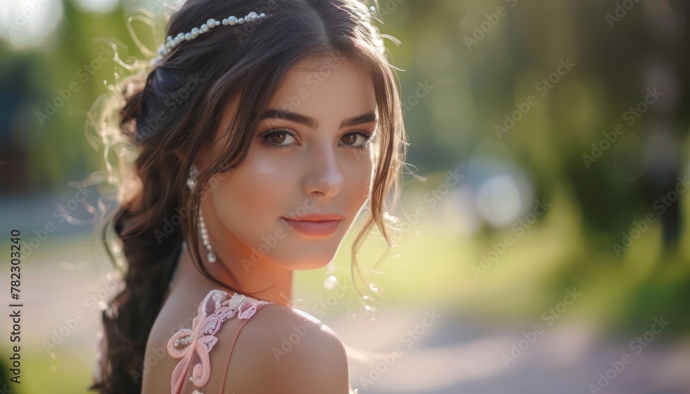 Attractive bride with pearl earrings wearing pink prom dress posing outdoors in a romantic park portrait Attractive bride with pearl earrings wearing pink prom dress posing outdoors in a romantic park portrait