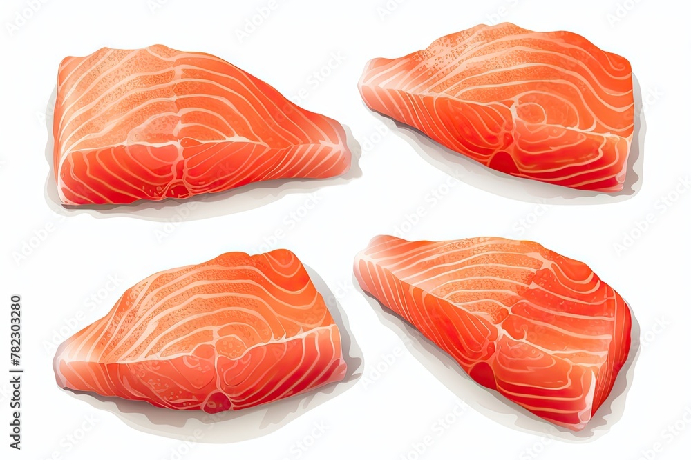 Slices of Raw Salmon Fillet Isolated on White Background, Thick Pieces of Fresh Red Fish or Trout