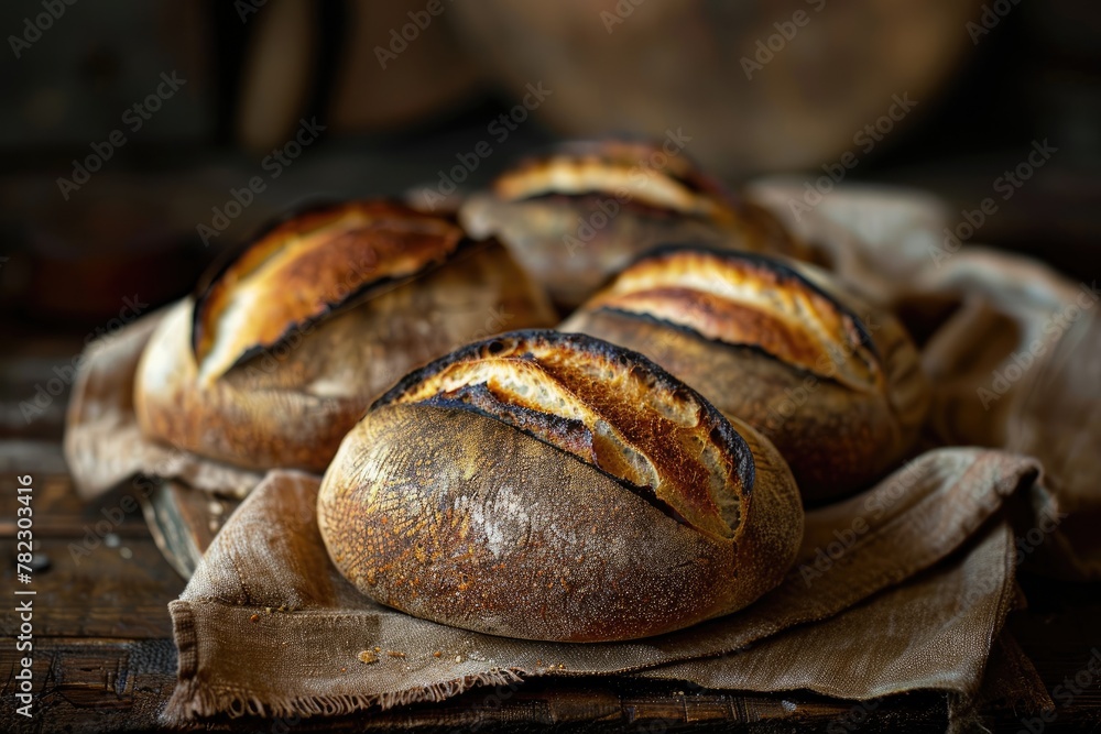Artisan sourdough loaves arranged on a rustic wooden table, with a warm, soft glow