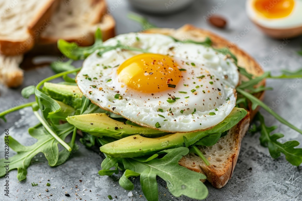 Avocado and egg on toast with arugula for a nutritious meal Avocado and egg on toast with arugula for a nutritious meal