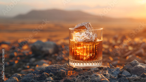 A glass of whiskey with an ice cube sits on a surface with a sunset in the background. The sky is orange and blue