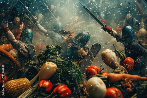 Historical battle scene with warriors wielding weapons forged from hardened vegetables