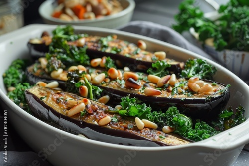 Baked eggplant with crunchy kale and pine nuts
