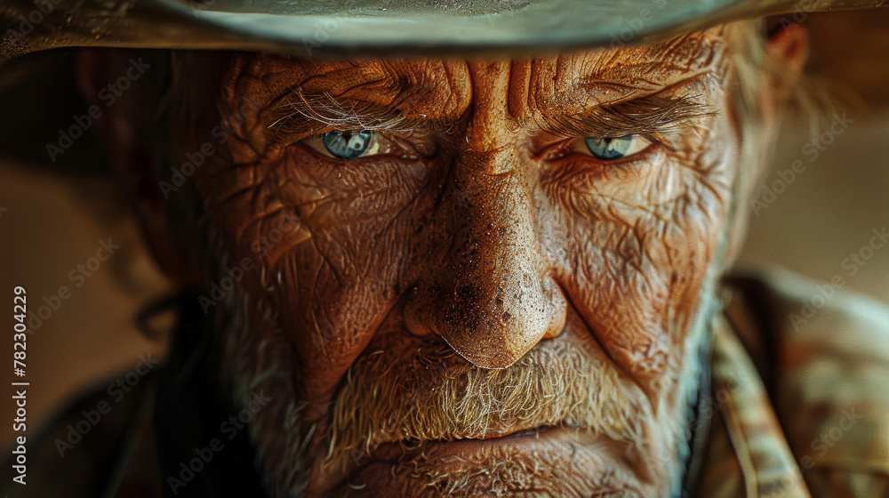  anziano cowboy con rughe profonde e un viso invecchiato, che indossa un cappello da cowboy e mostra uno sguardo intenso, un carattere robusto e la saggezza della tradizione del West americano. - obrazy, fototapety, plakaty 