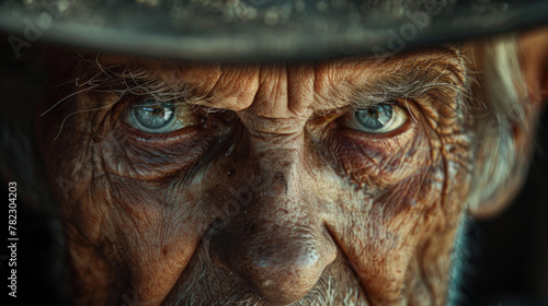  anziano cowboy con rughe profonde e un viso invecchiato, che indossa un cappello da cowboy e mostra uno sguardo intenso, un carattere robusto e la saggezza della tradizione del West americano. photo