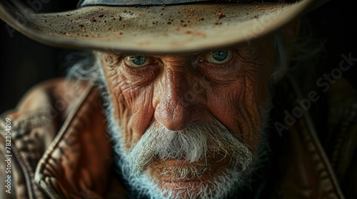  anziano cowboy con rughe profonde e un viso invecchiato, che indossa un cappello da cowboy e mostra uno sguardo intenso, un carattere robusto e la saggezza della tradizione del West americano.