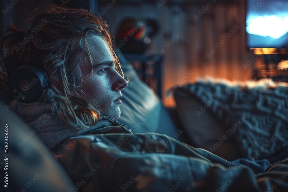 Woman Laying in Bed With Headphones On