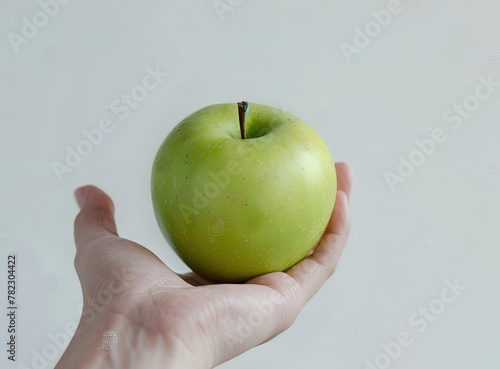 Holding a green apple in the palm of their hand in the style of a close up view against a white