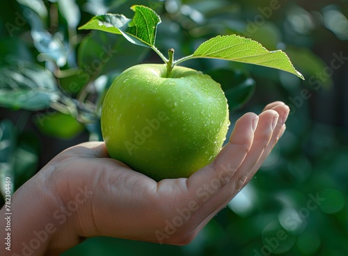 Holding a green apple in the palm, close up view of a hand with an apple and leaf, stock photo, c